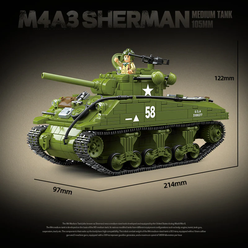 1175pcs QUANGUAN 100277 M4A3 SHERMAN MEDIUM TANK 105MM - Image 3