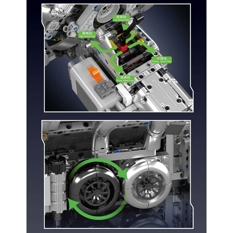 2024 pcs MouldKing 10201 BUG Supercar W16 Engine + Transmission(motor drive) - Image 3