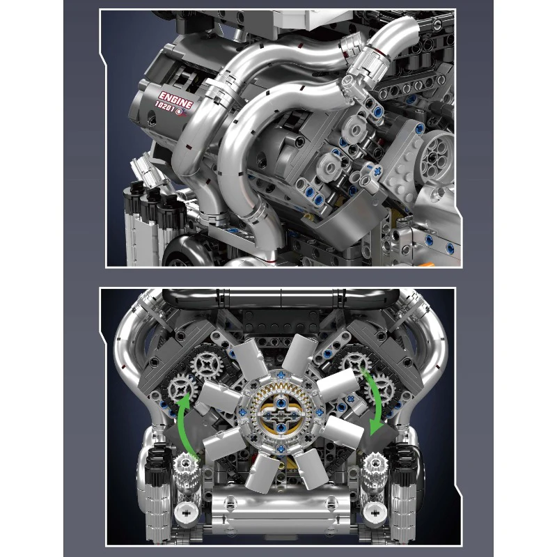 2024 pcs MouldKing 10201 BUG Supercar W16 Engine + Transmission(motor drive) - Image 4