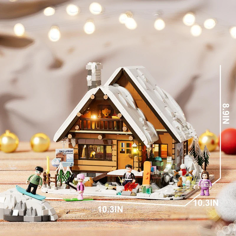 2187 pcs FunWhole F9041 Vintage house: Ski Hut  With lights - Image 4