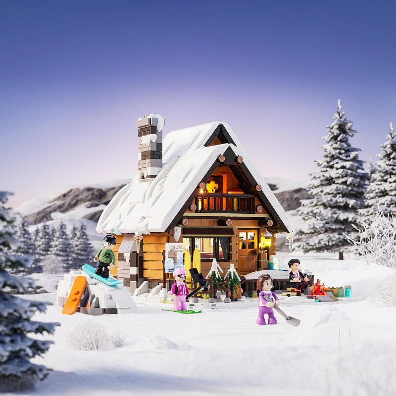 2187 pcs FunWhole F9041 Vintage house: Ski Hut  With lights - Image 5