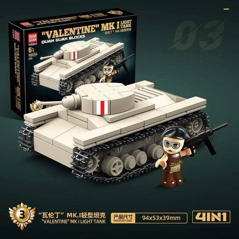 879pcs QUANGUAN 100294 British-American tank series：LVT(A)1 AMPHIBIOUS TANK,"STUART" LIGHT TANK,SHERMAN "FIREFLY" MEDIUM TANK,"VALENTINE" MK I LIGHT TANK - Image 5