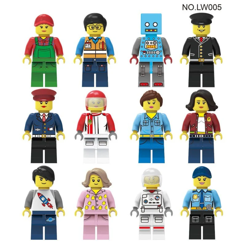 LW005-009 Male Farmer Police Engineer Racer Astronaut Minifigures - Image 2